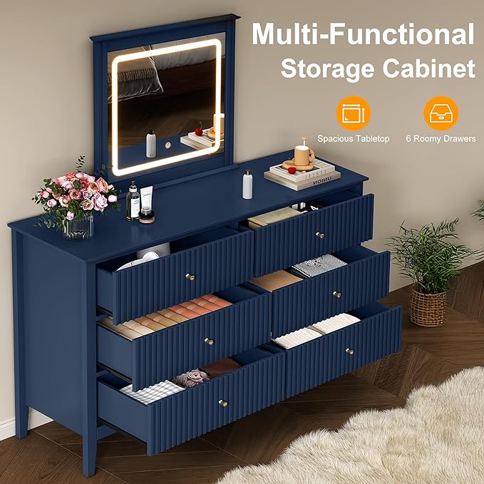 RoyalCraft 6 Drawer Dresser with Lighted Mirror, Blue Fluted Modern Wood Chest of Drawers, Long Dresser for Bedroom Storage