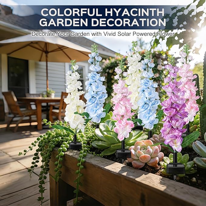 4 Pack Solar Garden Lights Outdoor, LED Colorful Waterproof Solar Powered Hyacinth Flowers Landscape Lights for Patio, Outside Yard, Pathway Decorative, Décor, Gifts, Two Lighting Modes