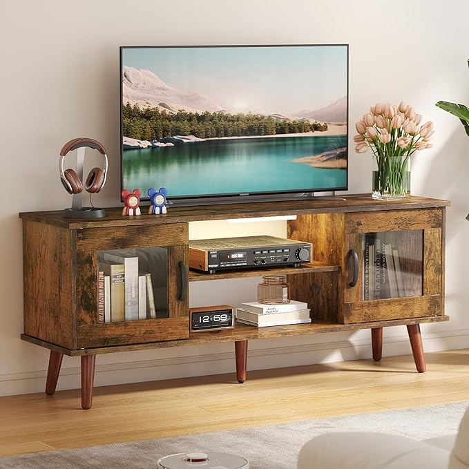Wood TV Stand for 55 Inch TV, Mid Century Modern Entertainment Center with Adjustable Shelf, Sensor LED Light, 2 Cabinets, TV Media Console for Living Room Bedroom Rustic Brown