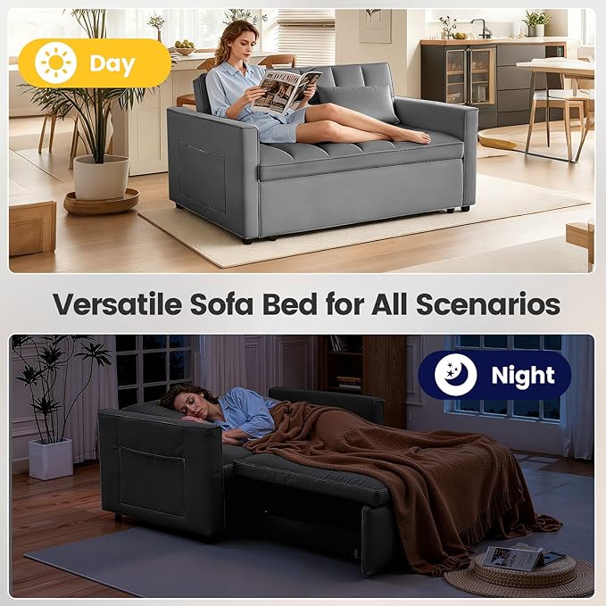 3 in 1 Convertible Sofa Bed, Love Seat Sleeper Bed with Side Pockets, Velvet Fabric Pull Out Couch with Adjustable Backrest for Living Room, Bedroom, Gray Apartment, Gray