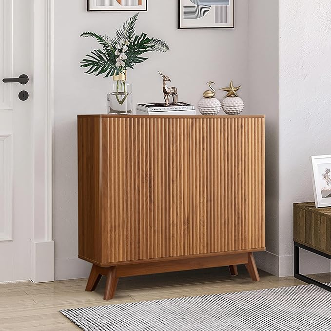 Fluted Storage Cabinet with 2 Doors and Adjustable Shelves, Mid Century Modern Credenza Sideboard Buffet Cabinet with Storage, Kitchen Sideboard for Dining Room Hallway Entryway Living Room - Walnut