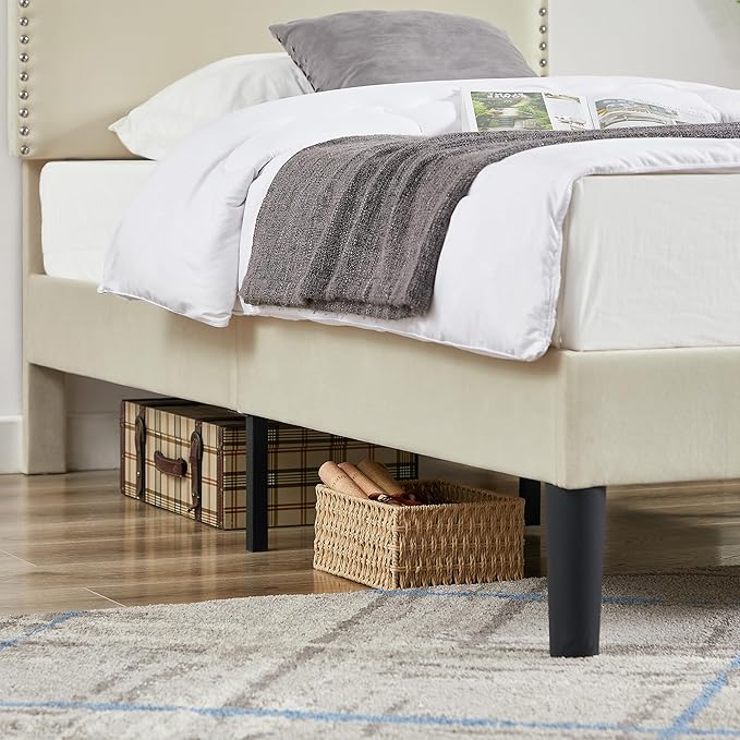 VECELO Twin Bed Frame Platform Bed Frame with Upholstered Headboard, Strong Frame and Wooden Slats Support, Strong Weight Capacity, Non-Slip and Noise-Free, Easy Assembly,Beige
