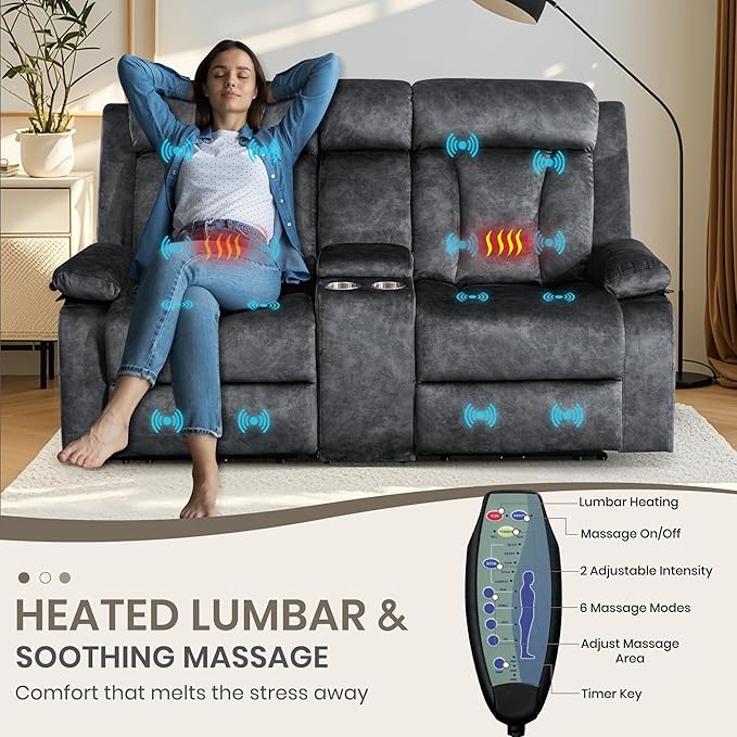 Power Reclining Loveseat with Heat & Massage, Dual Recliner Sofa with Console, Cup Holders, USB & Type-C Ports, 2 Seater Electric Reclining Couch for Living Room, RV (Grey, 2 Seat)