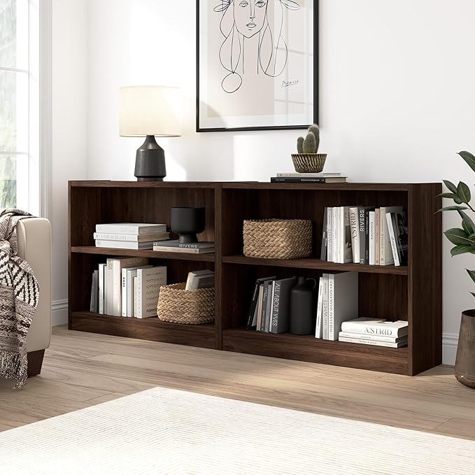 Bush Home Universal Small 2 Shelf Bookcase in Black Walnut - Set of 2, Matching Storage and Display Bookshelves for Home Office or Living Room Organization