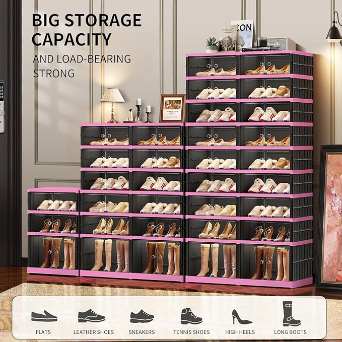 9-Tier Foldable Shoe Rack Organizer for Closet,18 Pairs Collapsible Plastic Shoe Shelf,Clear Stackable Shoe Storage Boxes with Door Easy Assembly,Shoe Cabinet with Lids Large（Black-Pink）