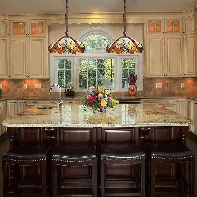 Tiffany Pendant Light fixtures 16" Wide Stained Glass Pendant Lighting Vintage Style 2 Lights Hanging Lamp for Kitchen Dining Room Bedroom