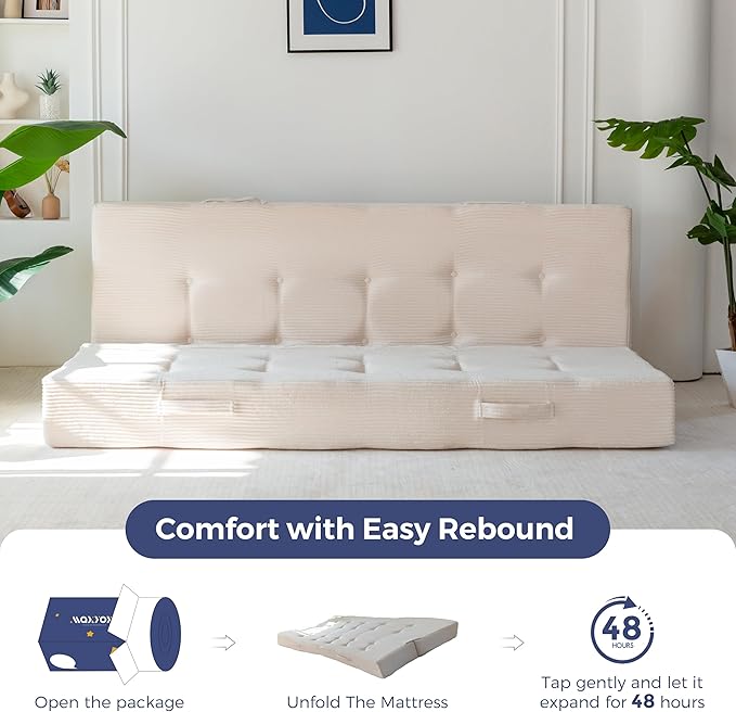 MAXYOYO 8" Foldable Floor Sofa Bed, Tufted Foldable Couch Bed Thick Folding Mattress with Handles, Versatile Folding Sofa Couch for Floor Sleeping, Living Room & Guest Room, Beige