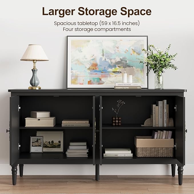 Console Table, 58'' Mid Century Modern Pantry Cabinet, Wood Buffet Sideboard, Media Credenza with 4 Doors, Accent Storage for Entryway, Living Room, Bedroom, Dining Room (Black)