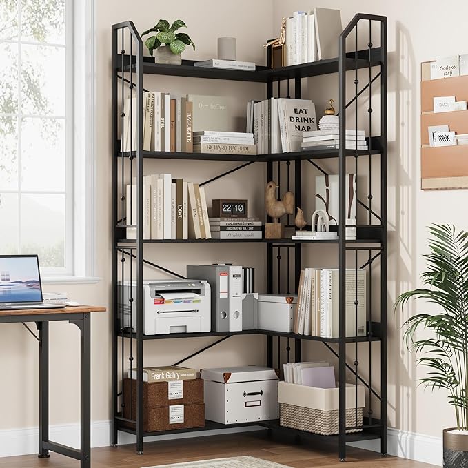 GarveeHome Corner Bookshelf 72" L Shaped Bookcase, Corner Bookshelves Industrial Bookcase 5 Tier L-Shape Bookshelf, Large Bookcases with Beaded Design Tall Display Rack Shelf for Living Room Bedroom