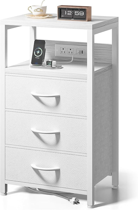 NightStand Bedside Charging Table Bedroom - White Night Stand with Charger Station, USB-C USB Ports & AC Outlets for Dorm, Modern End Table with Open Shelf & 3 Fabric Drawers