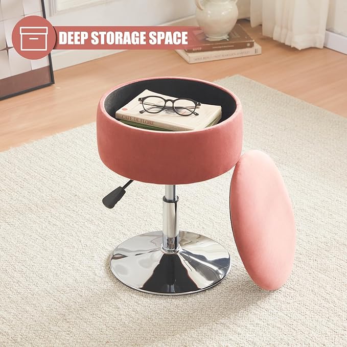 Adjustable Ottoman Stool Pink Vanity Stool Vanity Chair for Makeup Room Stool Chair for Vanity Stool with Storage Makeup Stools with Storage Swivel Makeup Chair for Bathroom Velvet