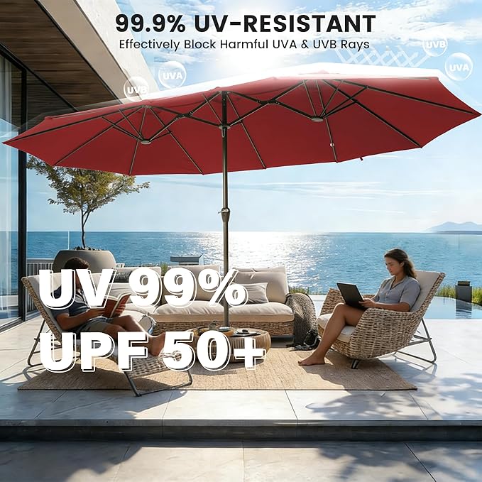 Ayge 15FT Patio Umbrella with Base,Large Outdoor Double-Sided Rectangle Umbrella with Crank Handle, Market Umbrella for Poolside Garden Deck Backyard Beach Pools,Red