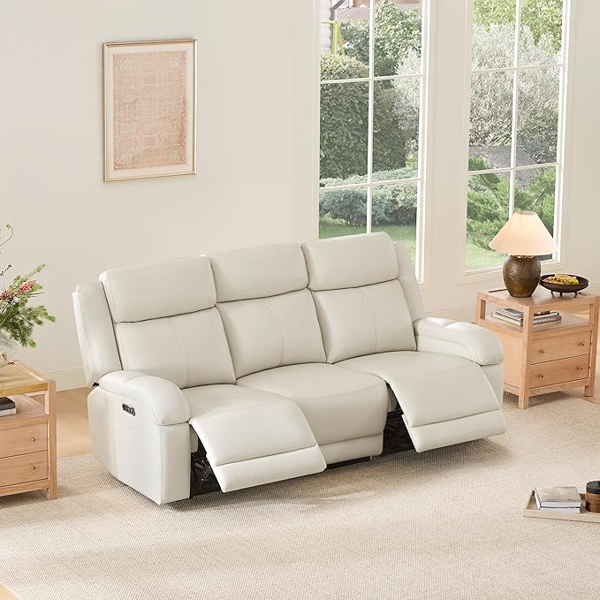 Watson & Whitely Genuine Leather Power Recliner Sofa, 3 Seater Wall Hugger Reclining Sofas with Power Headrest, USB & TypeC Ports, Electric Recliner Couch Set for Living Room, Cream