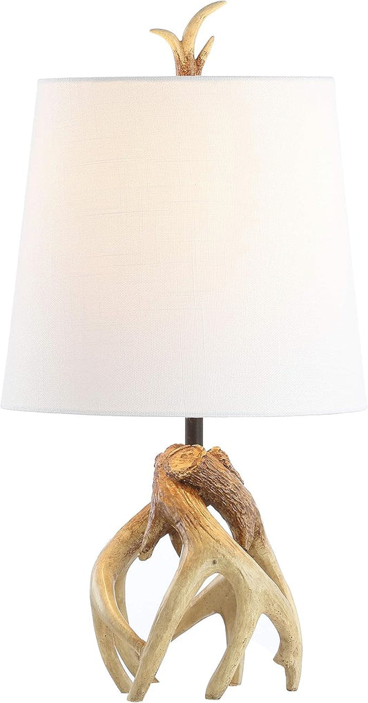 JONATHAN Y 19" Natural Antler Resin Table Lamp, Rustic Coastal Mountain Cabin Bedside Nightstand Lamp for Living Room, White Linen Shade, UL Listed, LED Bulb Included JYL4034A