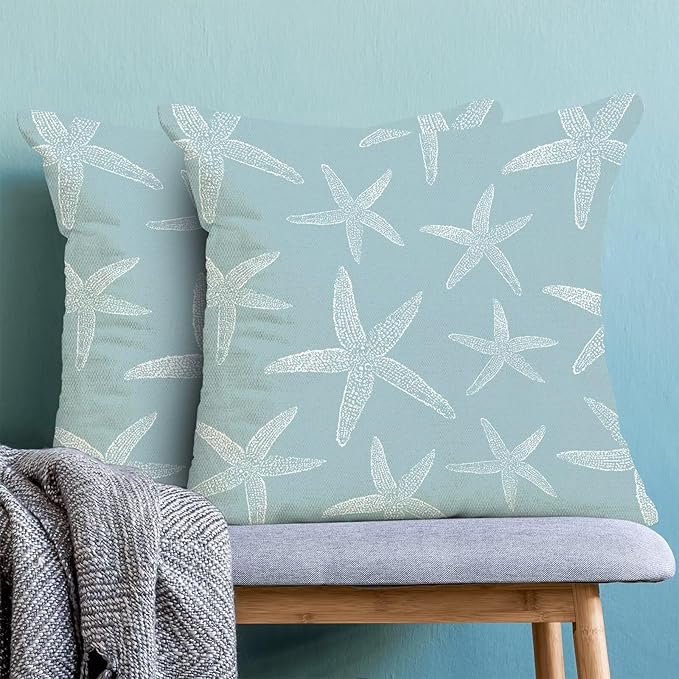 BETGINY Coastal Seafoam Blue Starfish Throw Pillow Cover 20 x 20 Inch Pack of 2,Summer Nautical Ocean Decorative Pillow Covers Square Linen Beach Pillow Cases Cushion for Bedroom Home Sofa Decor