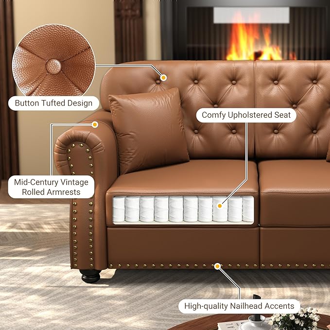 KEIKI 63" Faux Leather Chesterfield Sofa with Rolled Arms & Nailhead Trim & 2 Ottoman, 2-Seater Button Tufted Couch with High Resilience Cushion & 2 Pillow, Easy Assembly, for Living Room, Brown