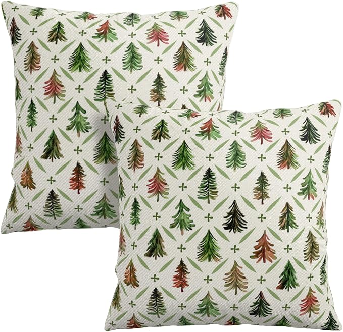 Christmas Throw Pillow Covers 20x20 Set of 2 Watercolor Green Red Xmas Tree Rustic Style Print Decorative Pillow Cases Winter Farmhouse Holiday Outdoor Pillowcase for Couch Sofa Porch
