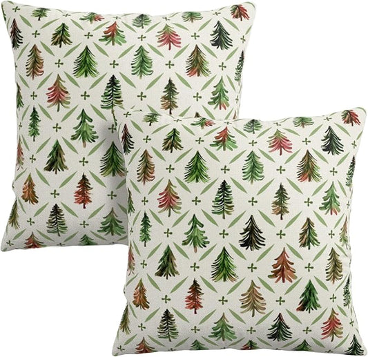 Christmas Throw Pillow Covers 20x20 Set of 2 Watercolor Green Red Xmas Tree Rustic Style Print Decorative Pillow Cases Winter Farmhouse Holiday Outdoor Pillowcase for Couch Sofa Porch