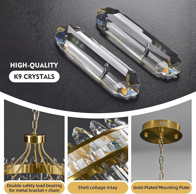 Gold Round LED Crystal Chandelier for Dining Room - 21.6" Luxury 3 Colors Stepless Dimmable Chandeliers,Modern Adjustable Height Pendant Ceiling Light Fixture for Living Room Foyer With Remote Control