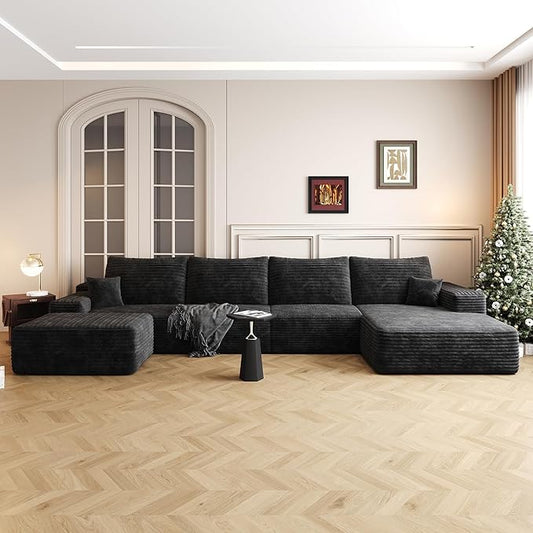 135" U Shaped Boneless Couch with Ottoman, Convertible Sleeper Compression Sofa, Corduroy Couch Sectional for Living Room Bedroom, Deep Seat Foam Cloud Sofas No Assembly, Right Facing Chaise, Black