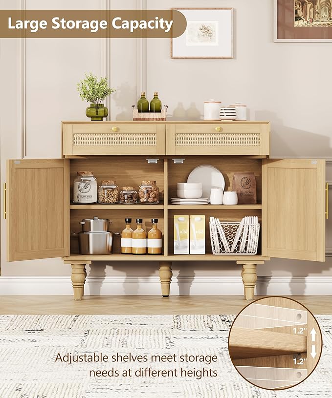 35.4" Rattan Buffet Sideboard Cabinet with Storage, Boho Buffet Table with Adjustable Shelf & 2 Drawer, Floor Storage Cabinet with Solid Wood Legs for Kitchen, Dining Room and Living Room, Natural