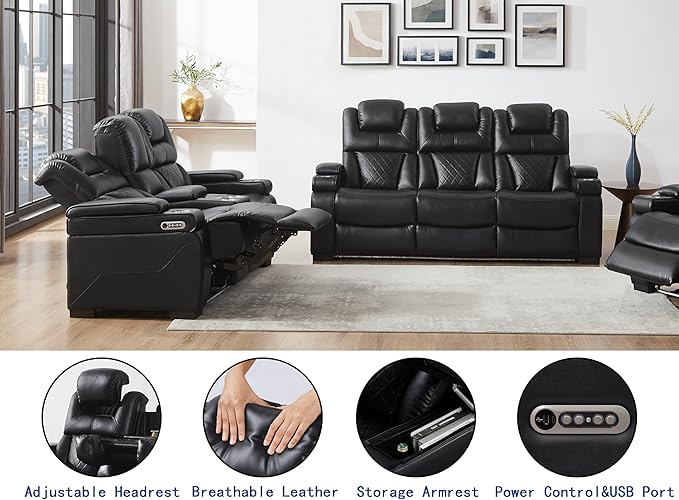 THSUPER Power Breathable Leather Reclining Sofa and Loveseat Set with 7-Color LED Light, Living Room Recliner Couch Set with Adjustable Headrest/Reading Light/USB Port/Bluetooth Speaker, Black