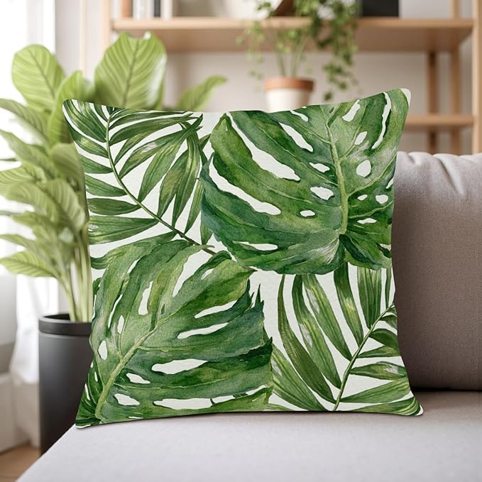 Summer Tropical Pillow Covers 16x16 Set of 2 Green Palm Leaf Decorative Throw Pillows Case Monstera Botanical Leaves Tropical Outdoor Cushion Cover for Sofa Couch Garden Home Decor