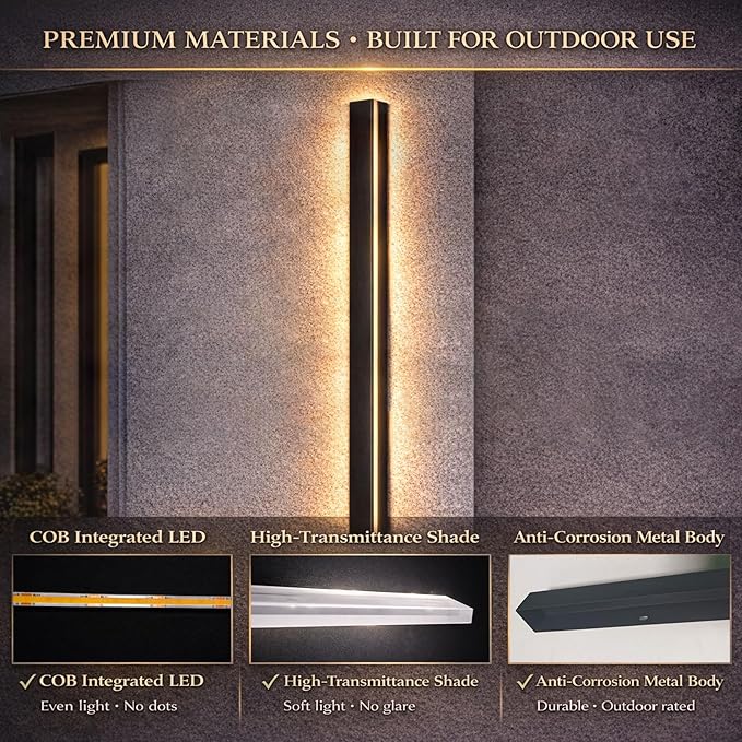 Modern Outdoor Wall Lights 79 Inch, 3000K Linear Exterior Wall Light Wall Mount, IP65 Waterproof Long Porch Wall Sconce Light for Front Door, Garage (Black)