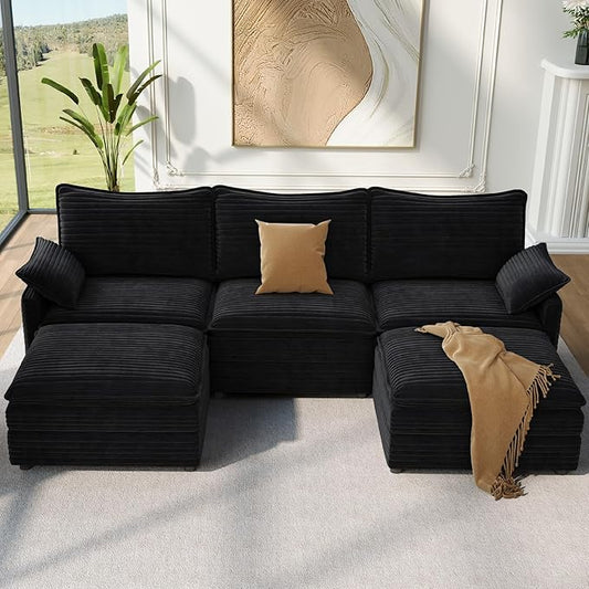Vesgantti 108" U Shaped Sectional Couch, Comfy Cloud Modular Sectional Sofa with 2 Ottoman Deep Seat Corduroy Modern Cloud Sofa, Modular Sofas for Living Room, Bedroom and Apartment, Black | Sink-in Comfort, Height Adjustable, Easy Rearrangement, Extra...
