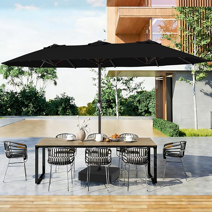 AreShark 15FT Outdoor Patio Umbrella with Crank, Large Rectangular Market Umbrella, Double-Sided Outdoor Umbrellas with Cross Base & Sandbag for Porch, Lawn, Pool, Backyard, Black