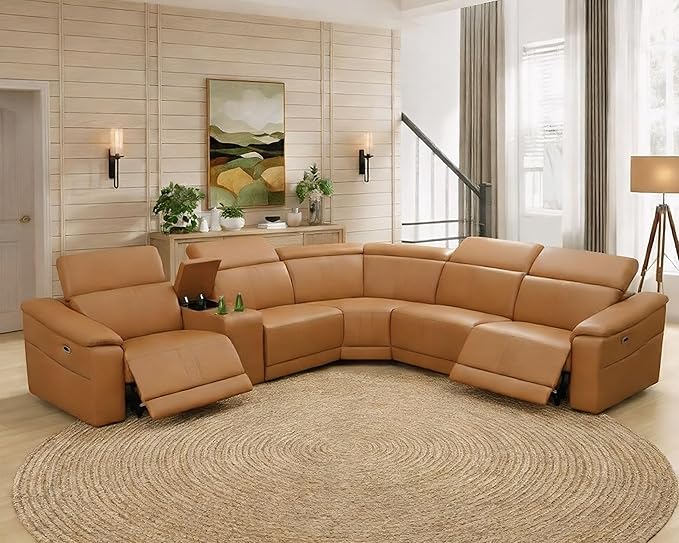 Breathing Leather Recliner Sectional Sofa, 5-Seat Reclining Sectional Couch with Adjustable Headrest&Storage Console, L Shaped Leather Couch with Dual Recliner for Living Room (Light Brown)