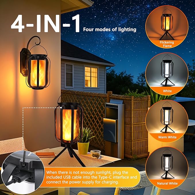 Toodour Solar & Battery Powered Lantern Outdoor Lights, 2 Pack Black LED Lantern with 4 Modes, Waterproof Rechargeable Hanging Solar Lights for Camping Patio Garden Yard Outdoor Decor