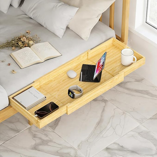 MinBoo Expandable Nightstand Shelf Bamboo College Caddy for Top Bunk Clip Bedside Shelf Floating Bed Side Table Tray Storage Dorm Room Decor College