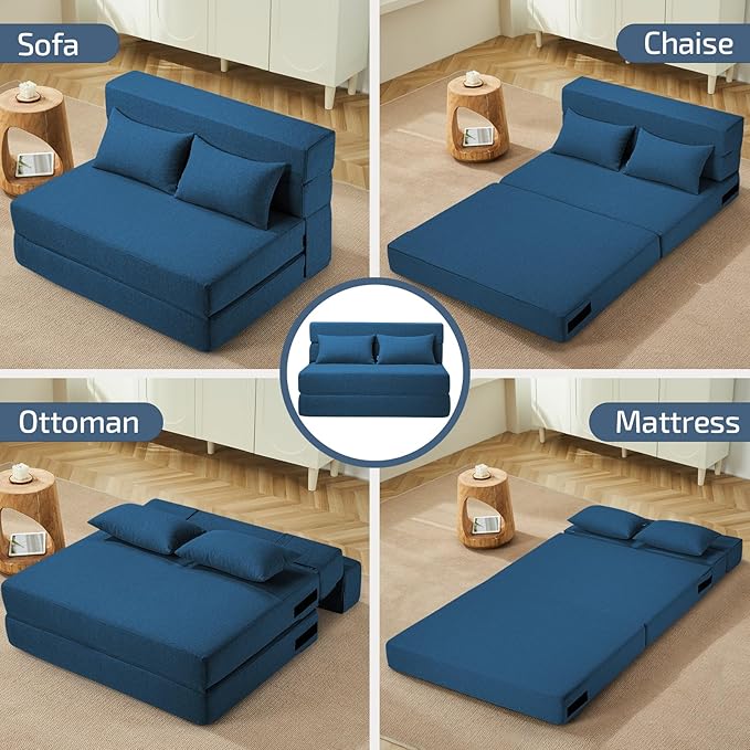 SUYOLS Folding Sofa Bed with Pillow- Convertible Chair Floor Couch & Sleeping Mattress, Foldable Memory Foam Sleeper for Living Room/Dorm/Guest Room/Home Office/Apartment/Loft,Twin,Navy Blue