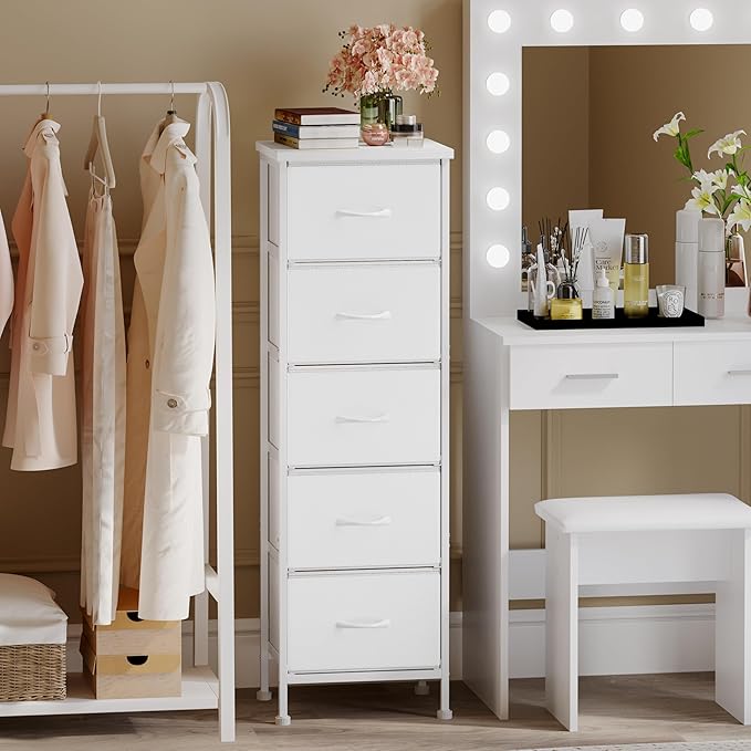 Fixwal White Tall Dresser for Bedroom, Closet Organizers and Storage Tall Fabric Dresser for Closet, Drawer Organizer with 5 Drawers, Bedroom Furniture