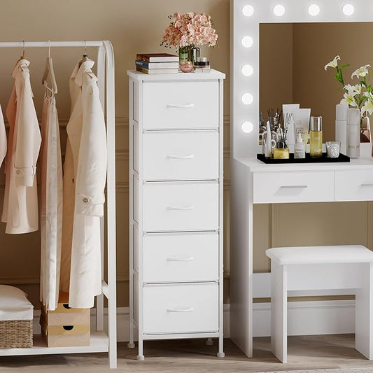 Fixwal White Tall Dresser for Bedroom, Closet Organizers and Storage Tall Fabric Dresser for Closet, Drawer Organizer with 5 Drawers, Bedroom Furniture