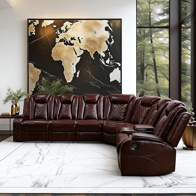 Power Reclining Sectional Sofa for Living Room – Brown Leather Sectional with Recliner, LED Lights, Storage Console & Cup Holders, Comfortable Family Couch