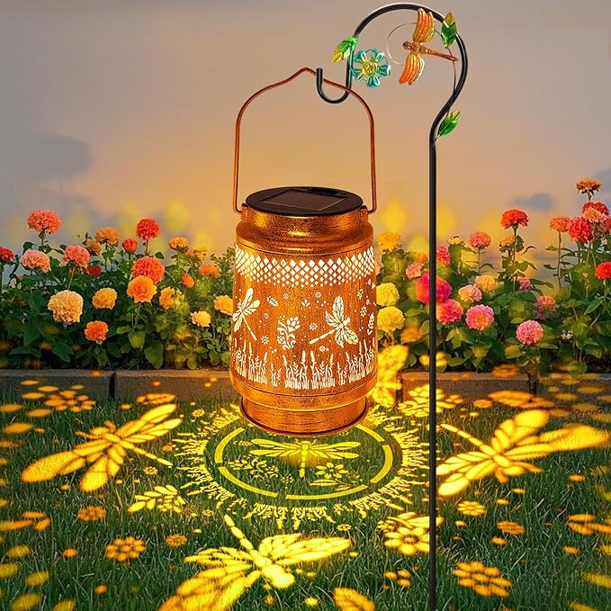 Solar Lanterns Outdoor Waterproof Dragonfly Garden Decor, Gifts for Women Mom Grandma Birthday, Hanging Solar Lights Metal LED Decoration with Shepherd Hook Outside for Yard Patio Lawn Porch