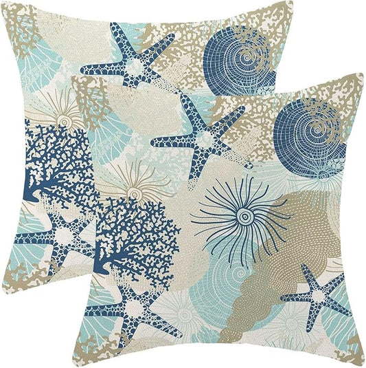 Nautical Coastal Throw Pillow Cover 22 x 22 Inch Pack of 2,Summer Beach Ocean Themed Decorative Pillow Covers Square Linen Starfish Seashell Pillow Cases Cushion for Bedroom Home Sofa Decoration