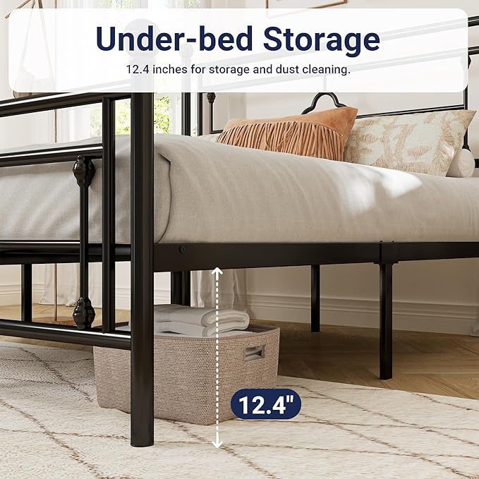 Allewie Full Size Metal Platform Bed Frame with Victorian Vintage Headboard and Footboard/Mattress Foundation/Under Bed Storage/No Box Spring Needed/Noise-Free/Easy Assembly, Black