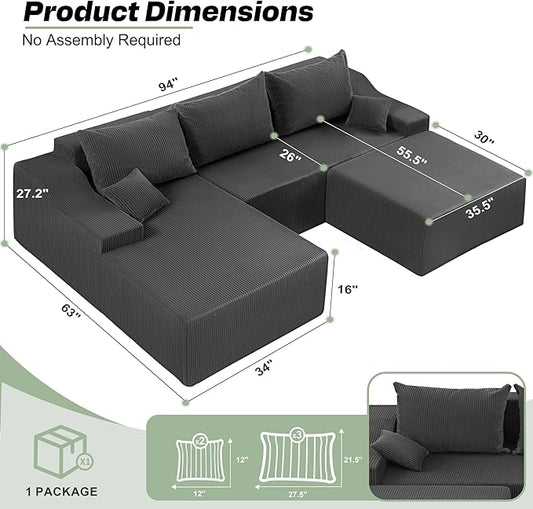 HABUTWAY 94“ U Shaped Modular Sectional Couch for Living Room, Modular Cloud Sofa with Ottoman, No Assembly Boneless Couches with Deep Seat, Corduroy Fabric (Grey, Left Facing)