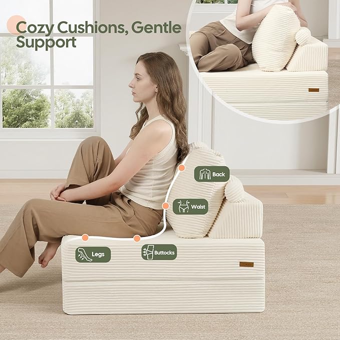 COMAX Folding Sofa Bed, Foldable Couch for Bedroom, Corduroy Convertible Floor Sleeper Futon Chair Foam, 3 in 1 Fold Out Chair Portable Comfy Lounge Couch Single Sofa Bed for Small Space Guest Room