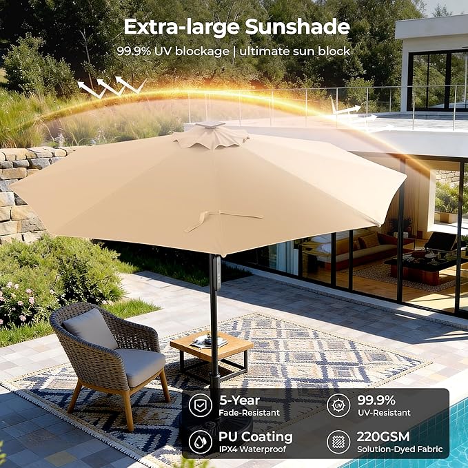 HOMSHADE Outdoor Patio Umbrella - Market Table Pool Deck Umbrella with Push Button Tilt, Crank, UPF50+ UV Protection and Sturdy Ribs, 3-Year Fade Resistance, 220GSM Solution-Dyed Fabric (No base)