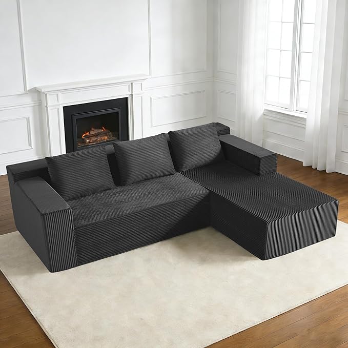 Nigoone 103" Boneless Corduroy Sectional Couch with Left Chaise, Modular L Shaped Couches for Living Room, Large Minimalist Modern Deep Seat Floor Sofa Set, No Assembly