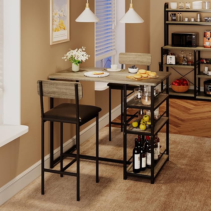 GAOMON 3-Piece Bar Table Set with 2 Upholstered Stools, Space-Saving Counter Height Dining Set with 3-Tier Storage Shelves,Sturdy Steel Frame, Easy Assembly for Small Kitchens, Retro Grey