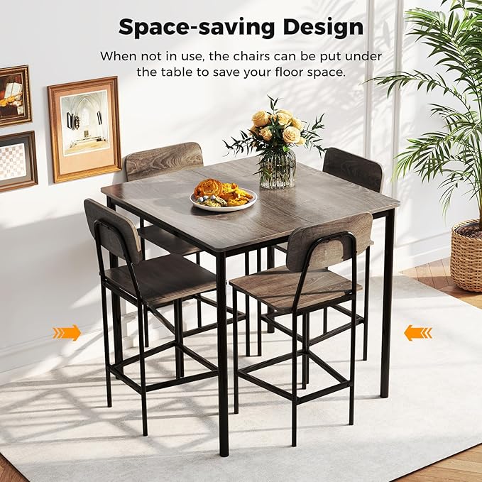 GOFLAME 5-Piece Dining Table Set for Small Space, Kitchen Table and Chairs Set for 4 with Steel Frame, Square Breakfast Table Set, Industrial Counter Height Table Set for Home Restaurant, Grey Oak