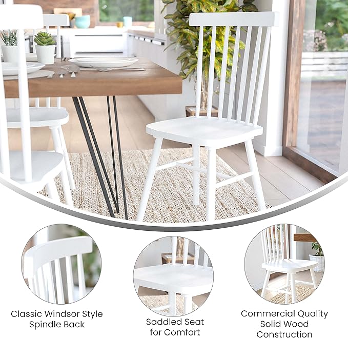 Taylor & Logan Ingrid Set of 2 Commercial Grade Windsor Dining Chairs, Solid Wood Armless Spindle Back Restaurant Dining Chairs in White