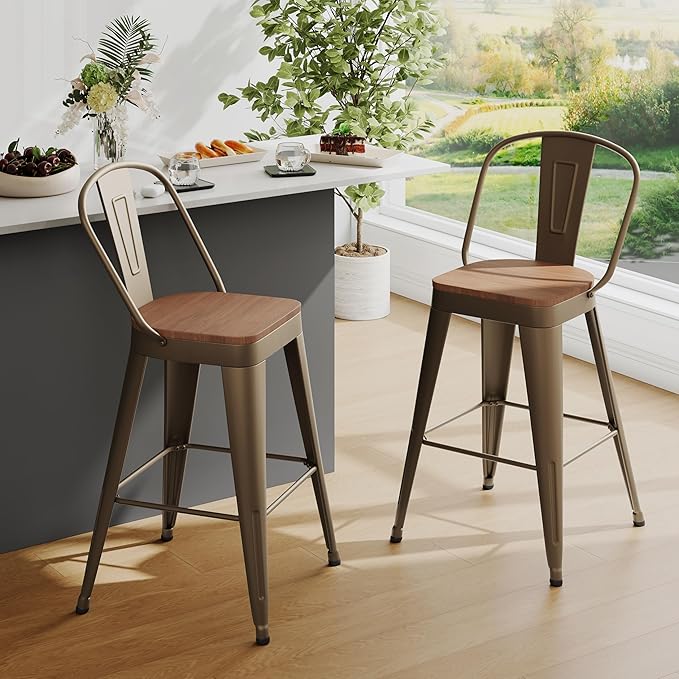 Andeworld Metal Bar Stools Set of 2, 30 inch Bar Height Barstools with Backs Farmhouse Modern High Back Bar Stools with Larger Seat Kitchen Dining Bar Chairs,Rusty