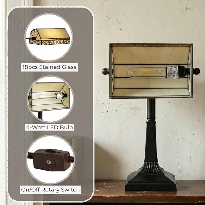 Lavish Home Tiffany-Style Bankers Lamp - Vintage-Looking Mission-Style Table or Desk LED Light with Stained Glass Shade (Dark Brown)