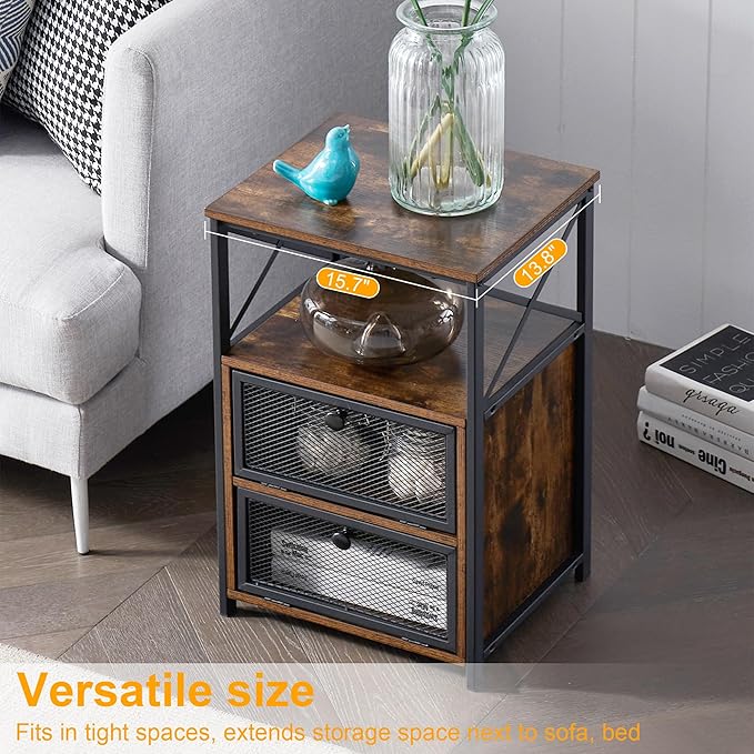 VECELO Nightstand Set of 2, End Table with Flip Drawer, Modern Night Stand for Bedroom,Living Room, Office, Easy Assembly, Dark Brown